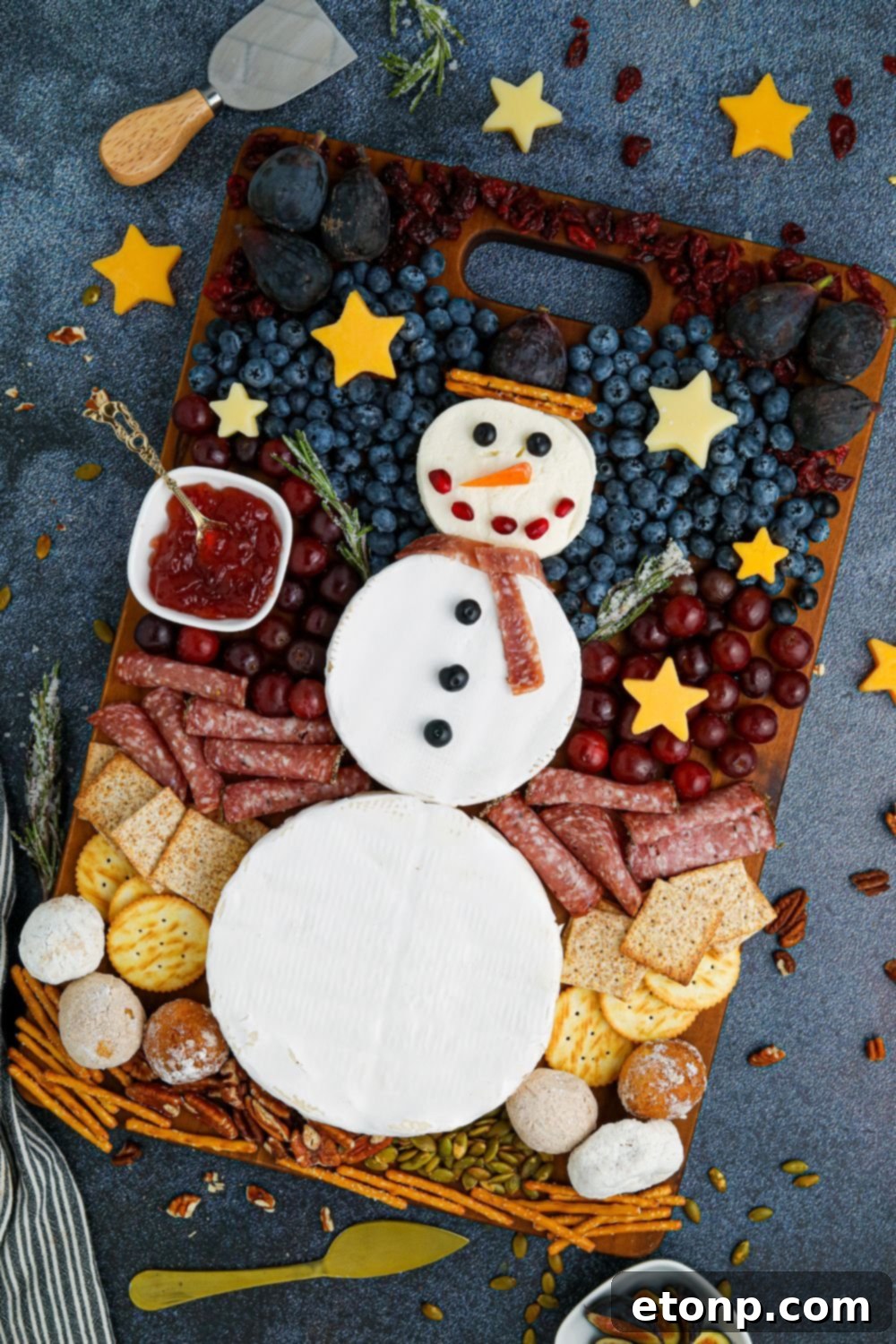 Whimsical Snowman Snack Board 12 A festive spread of winter-themed snacks, including the snowman charcuterie board.