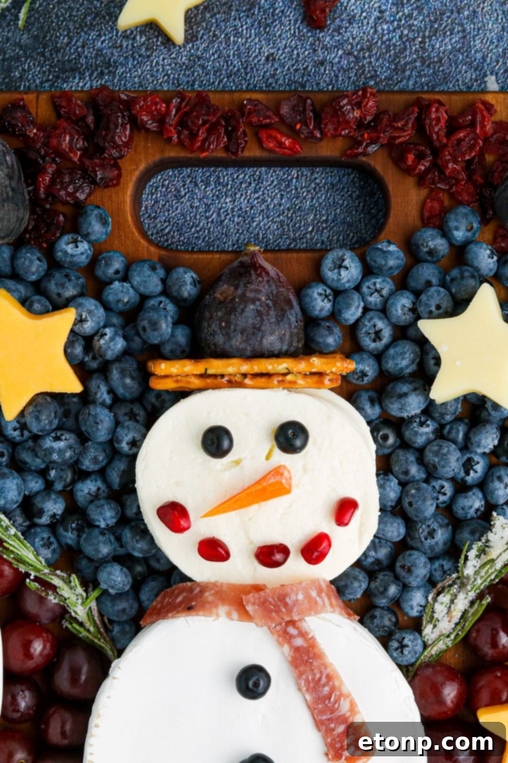Whimsical Snowman Snack Board 14 Top-down view of the snowman snack board, highlighting the diverse spread and creative presentation.