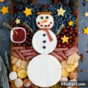 Snowman Charcuterie Board overhead look on table