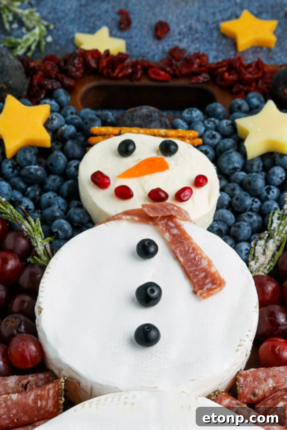 Whimsical Snowman Snack Board 3 Side view of a Snowman Charcuterie Board showcasing its delightful arrangement of cheeses, fruits, and snacks.