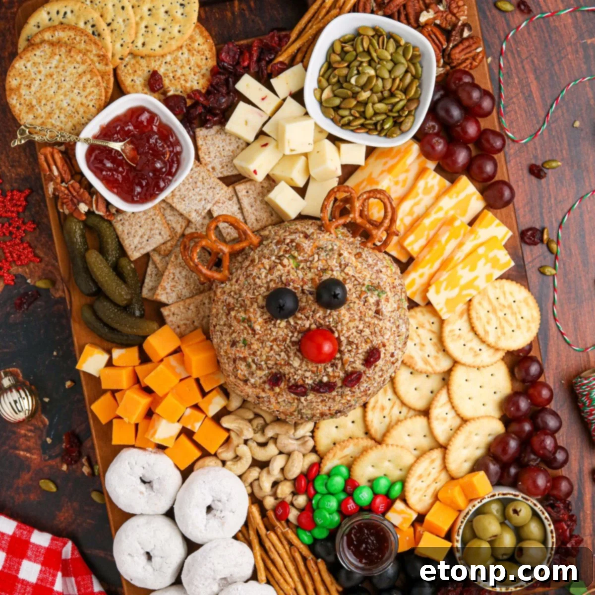 Rudolph Cheeseball and Snack Board