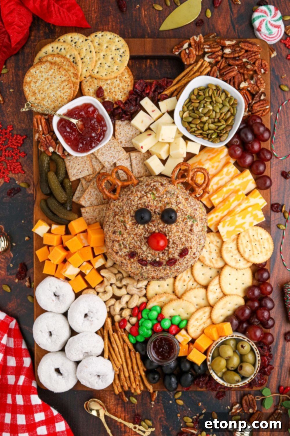 Rudolph Cheeseball and Snack Board overhead view 