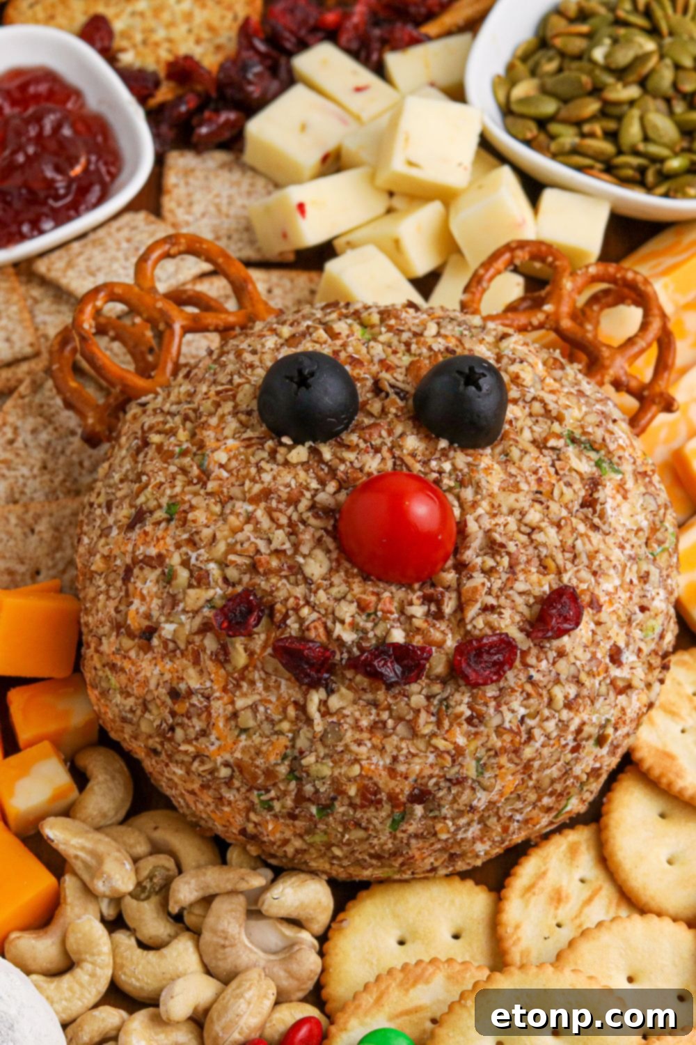 close up of reindeer cheese ball on snacking tray 