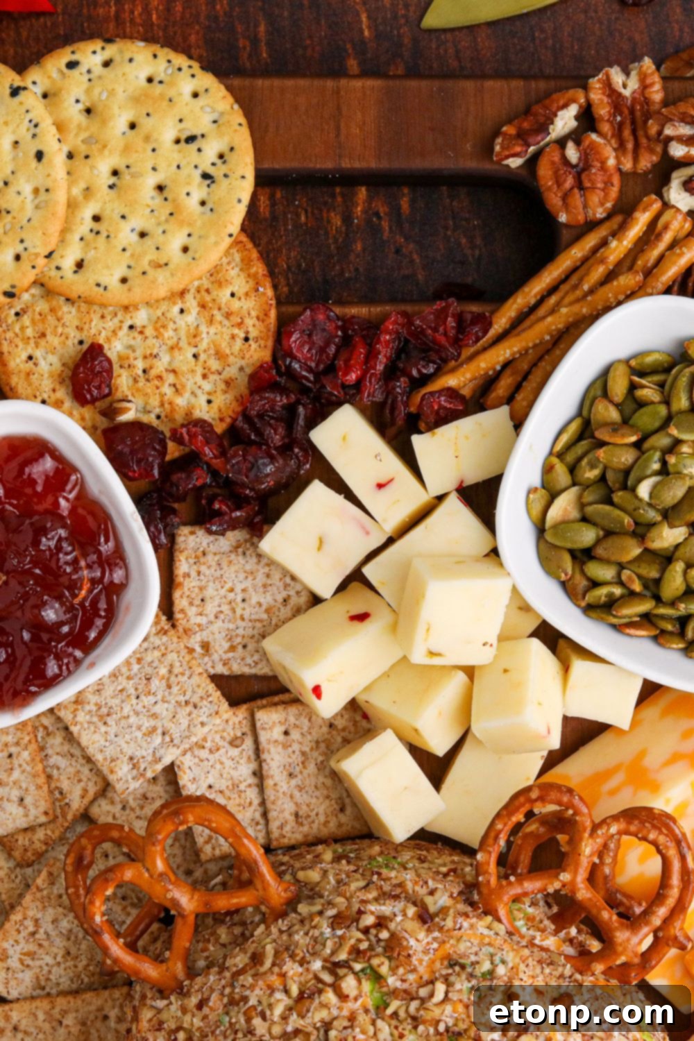 side view of charcuterie board to show a close up