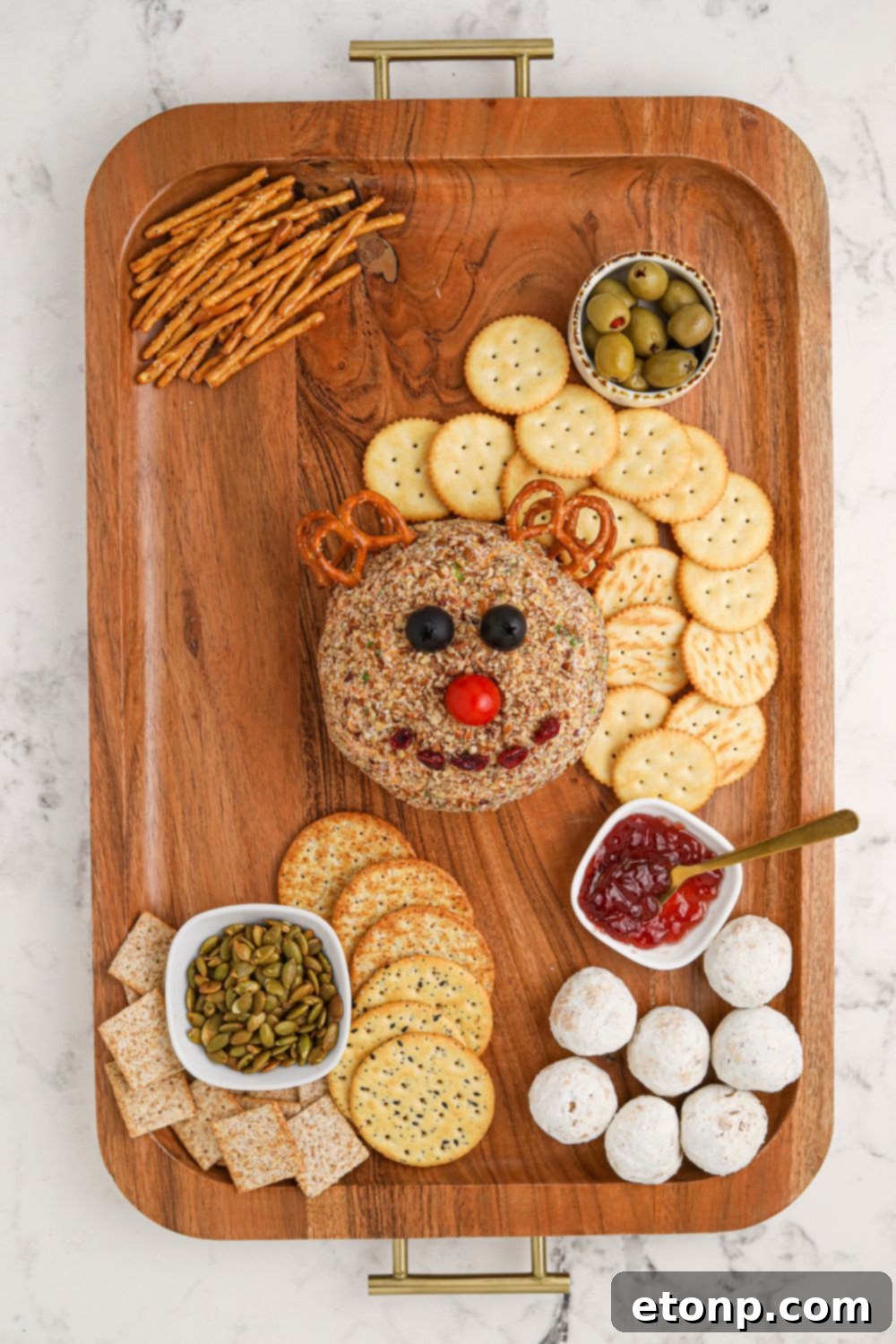 rudolph cheese ball and assembling snack board 