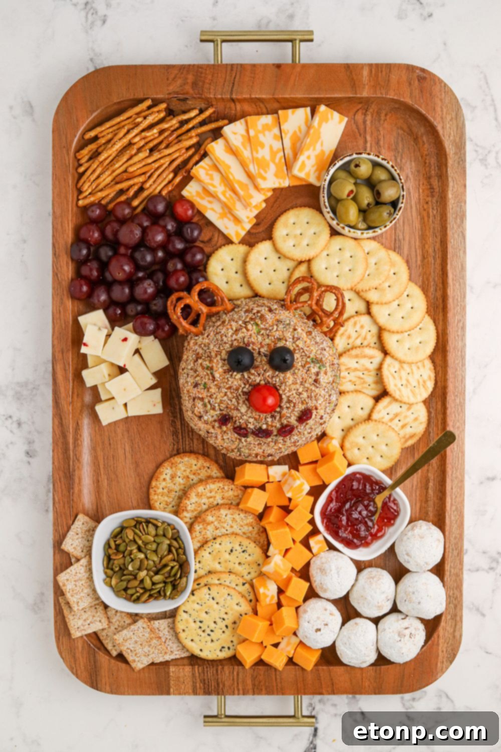 rudolph cheese ball and assembling snack board 