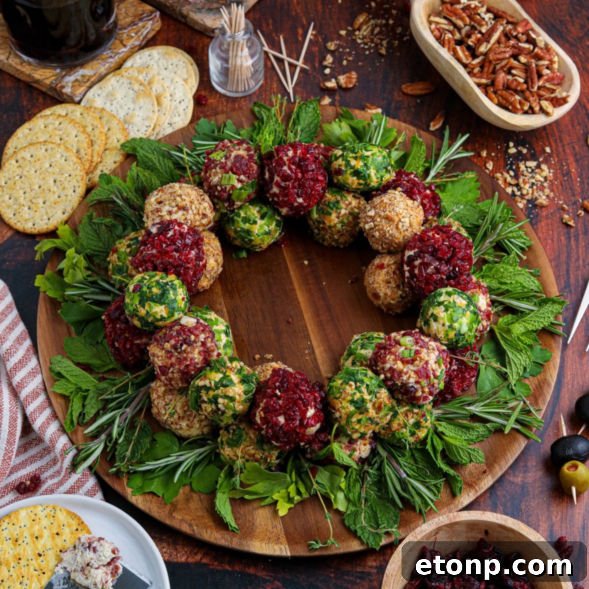 overhead view of a cheese ball wreath platter on table