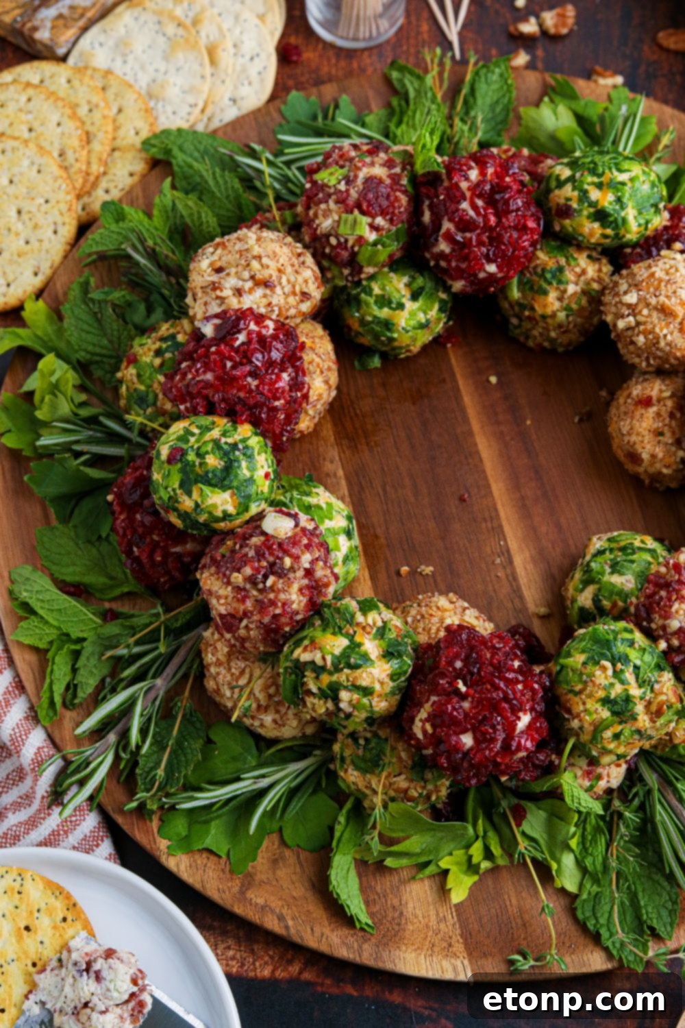 cream cheese balls on wooden tray 