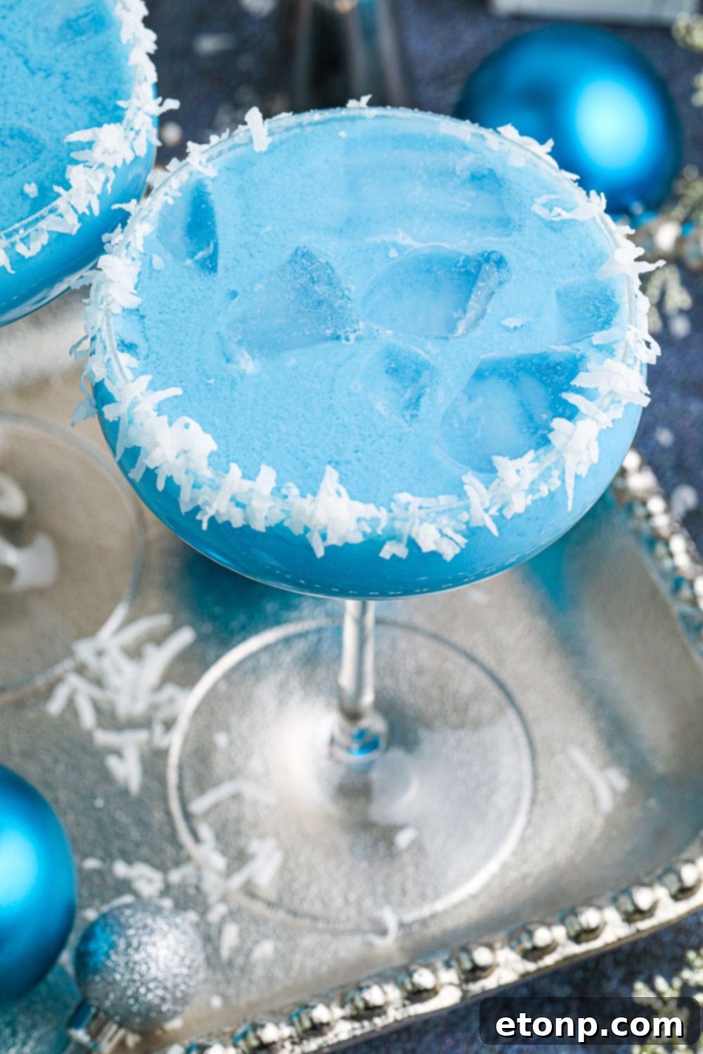 Blue Christmas Cocktail on a silver platter