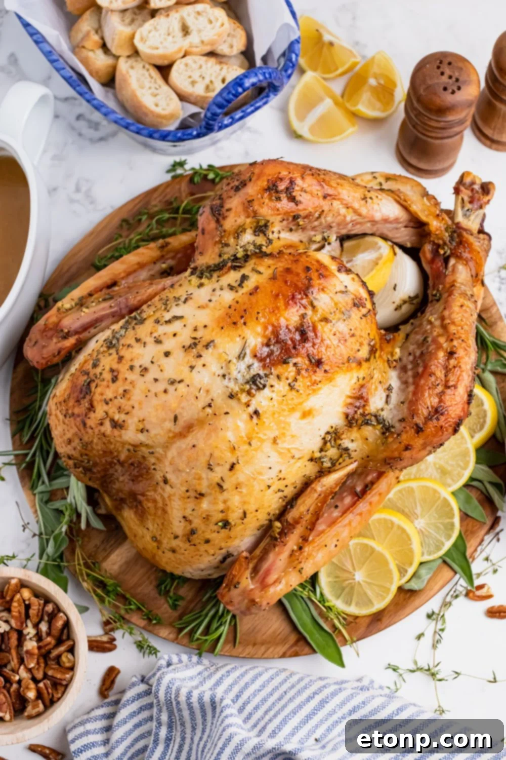 overhead view of turkey on platter