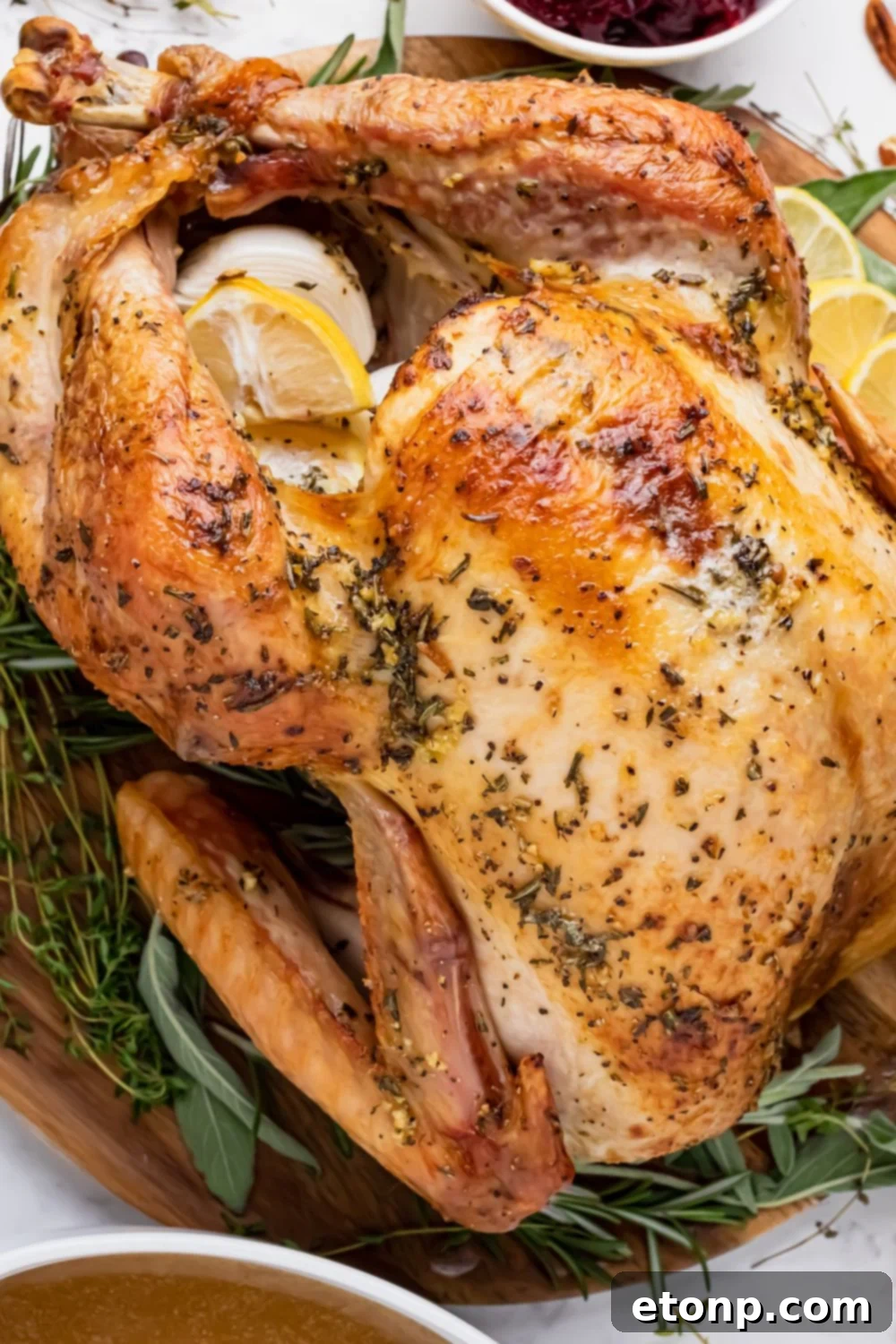side view of a whole turkey on table
