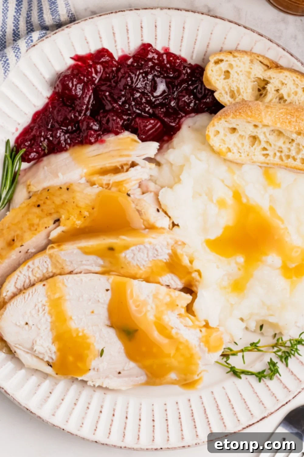 plate loaded with turkey, potatoes, cranberry, and bread