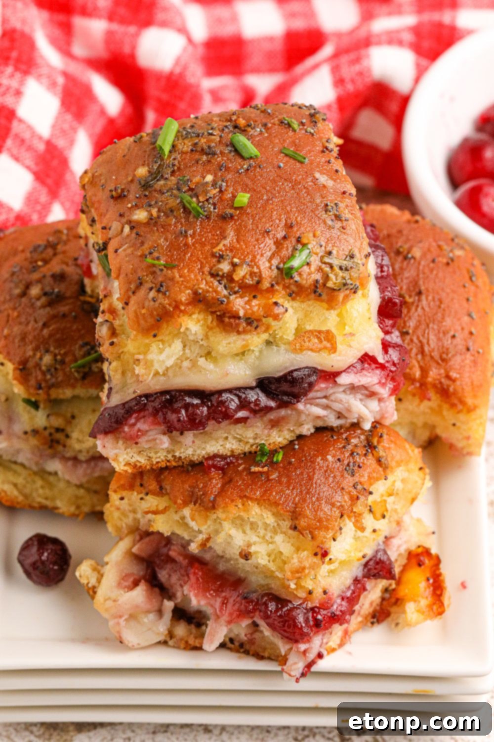 Festive Turkey Sliders 19 up close shot of Thanksgiving Sliders stacked