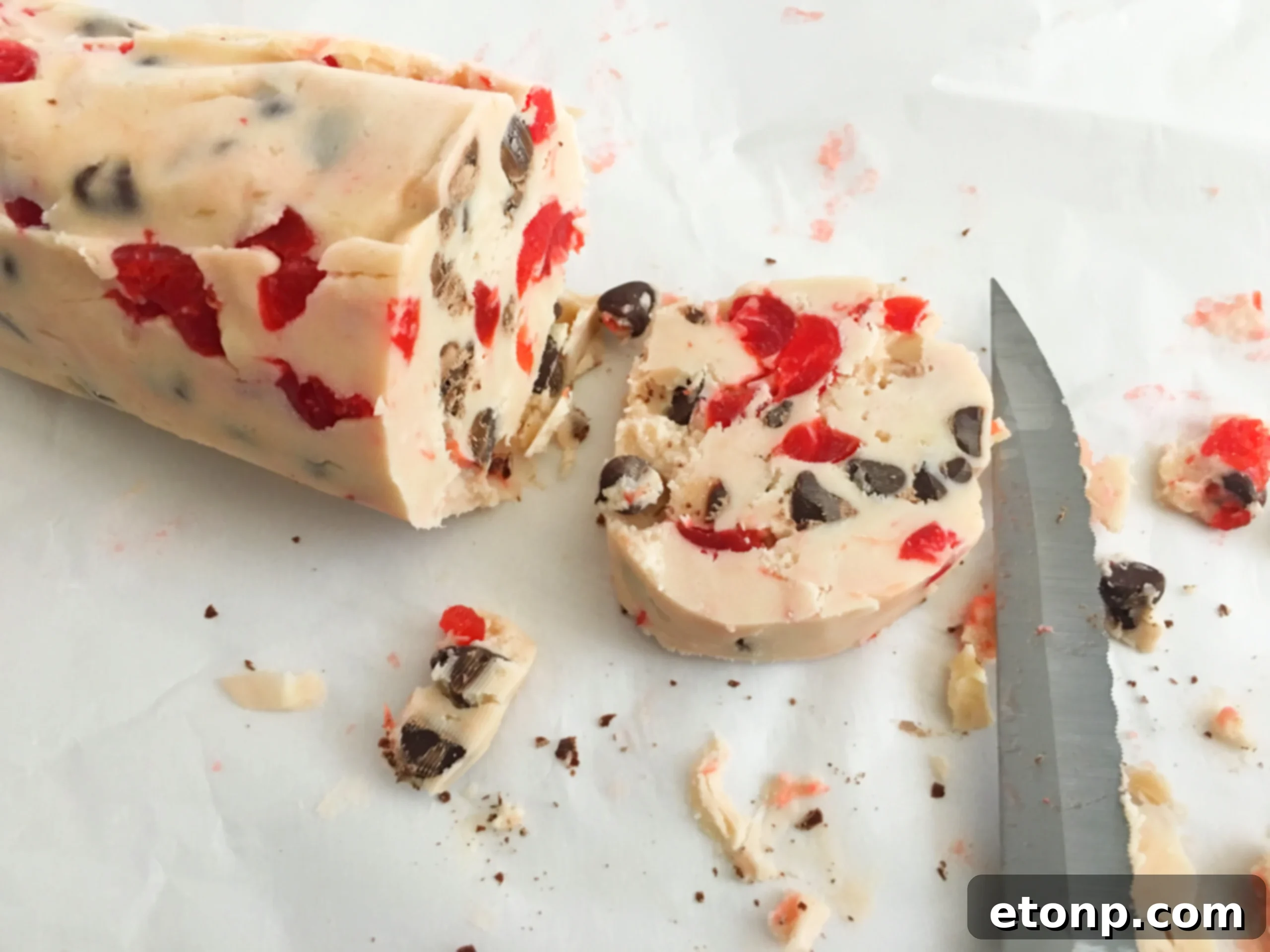 Buttery Maraschino Cherry Christmas Shortbread 7 The perfectly formed cookie dough log, chilled and ready for slicing into individual cookies.
