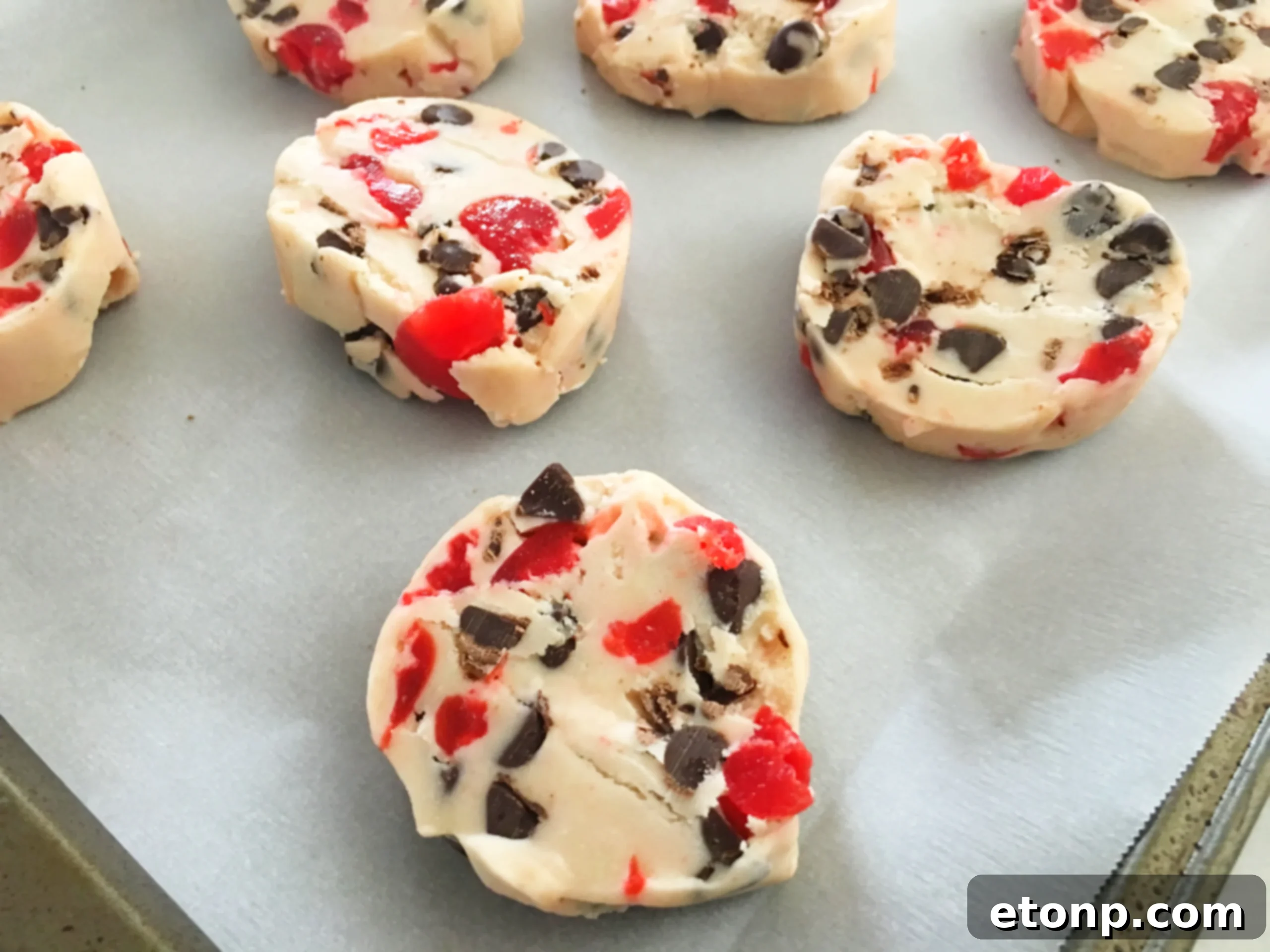 Buttery Maraschino Cherry Christmas Shortbread 8 Close-up of perfectly sliced shortbread cookies, showcasing the vibrant cherry and chocolate chip distribution.