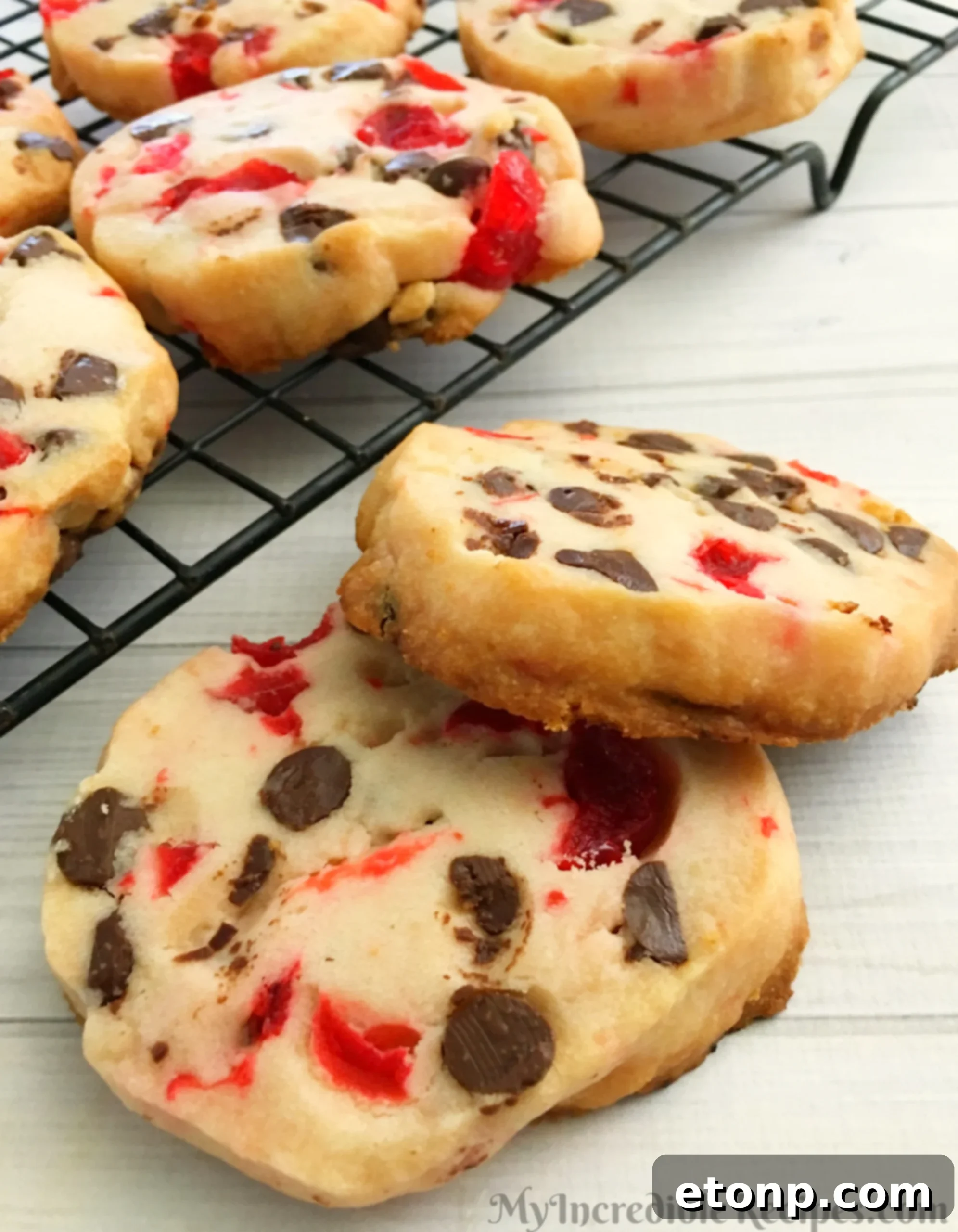 Buttery Maraschino Cherry Christmas Shortbread 10 A close-up of a single shortbread cookie, showcasing its golden-brown edges and soft interior.