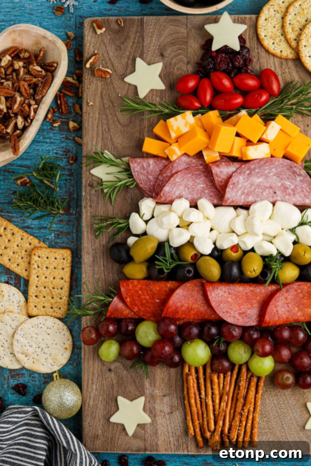 Christmas charcuterie board side view, highlighting the layered ingredients