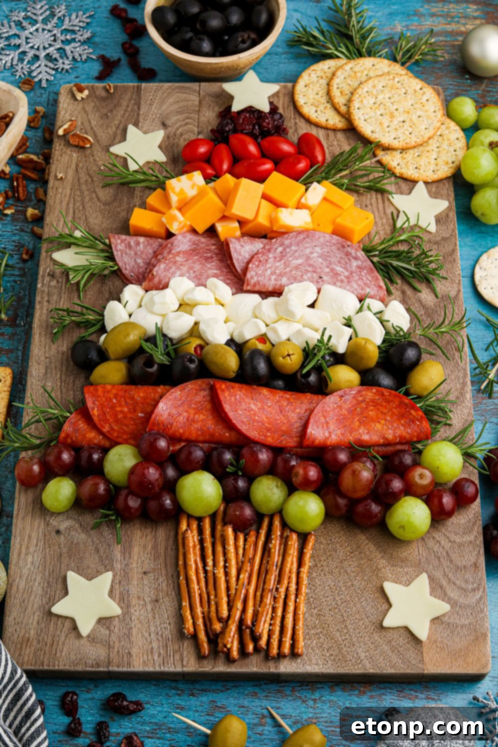 Christmas Tree Charcuterie Board side view, showcasing the variety of food