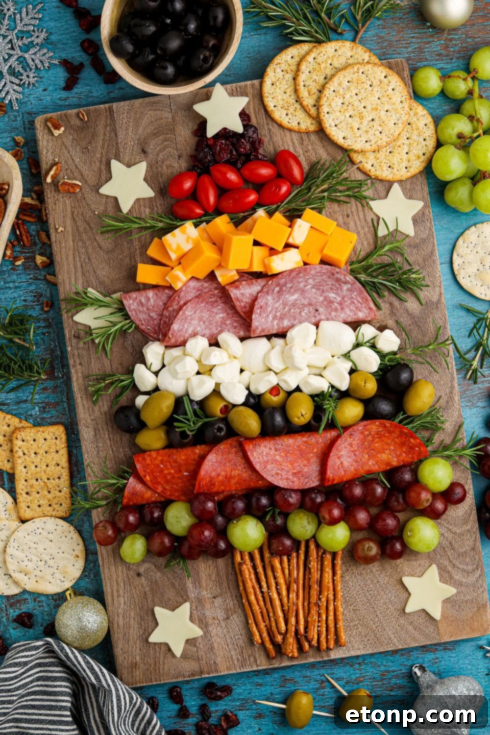 Decorated Christmas tree board on a table, ready for holiday celebrations