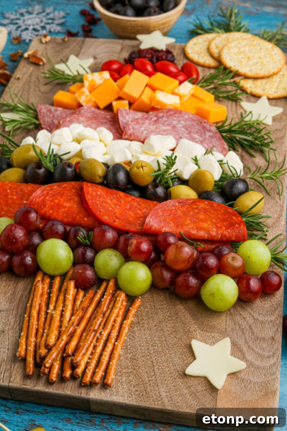 Showing the stem of the charcuterie board, made from pretzel sticks