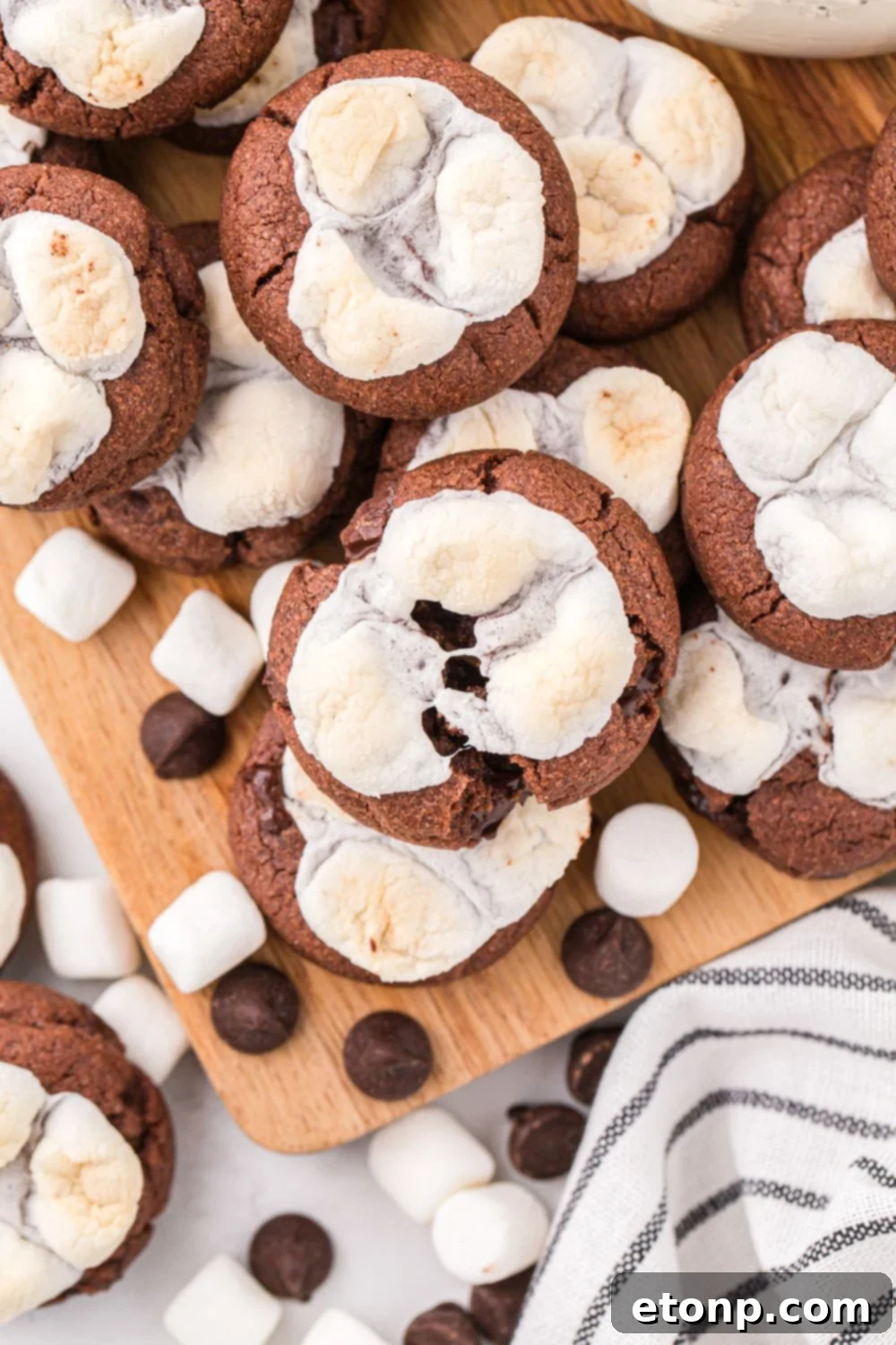 A plate of freshly baked hot chocolate cookies with melted marshmallows on a rustic wooden table.