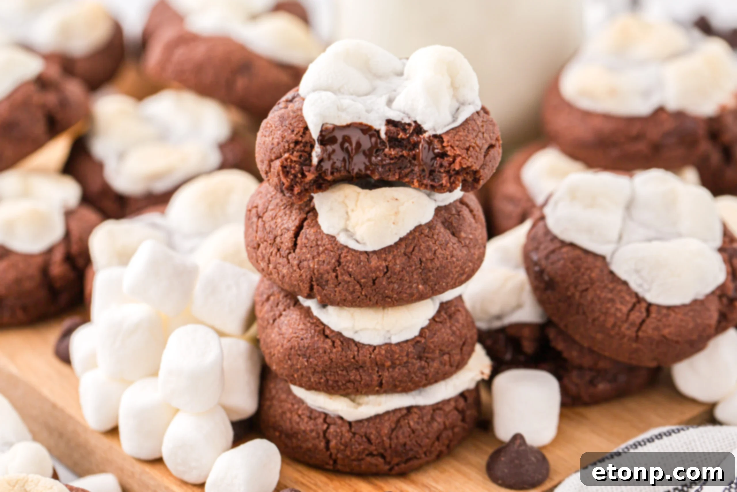 A stack of hot chocolate cookies, with the top cookie having a bite taken out, revealing the soft, chocolatey interior and gooey marshmallow.