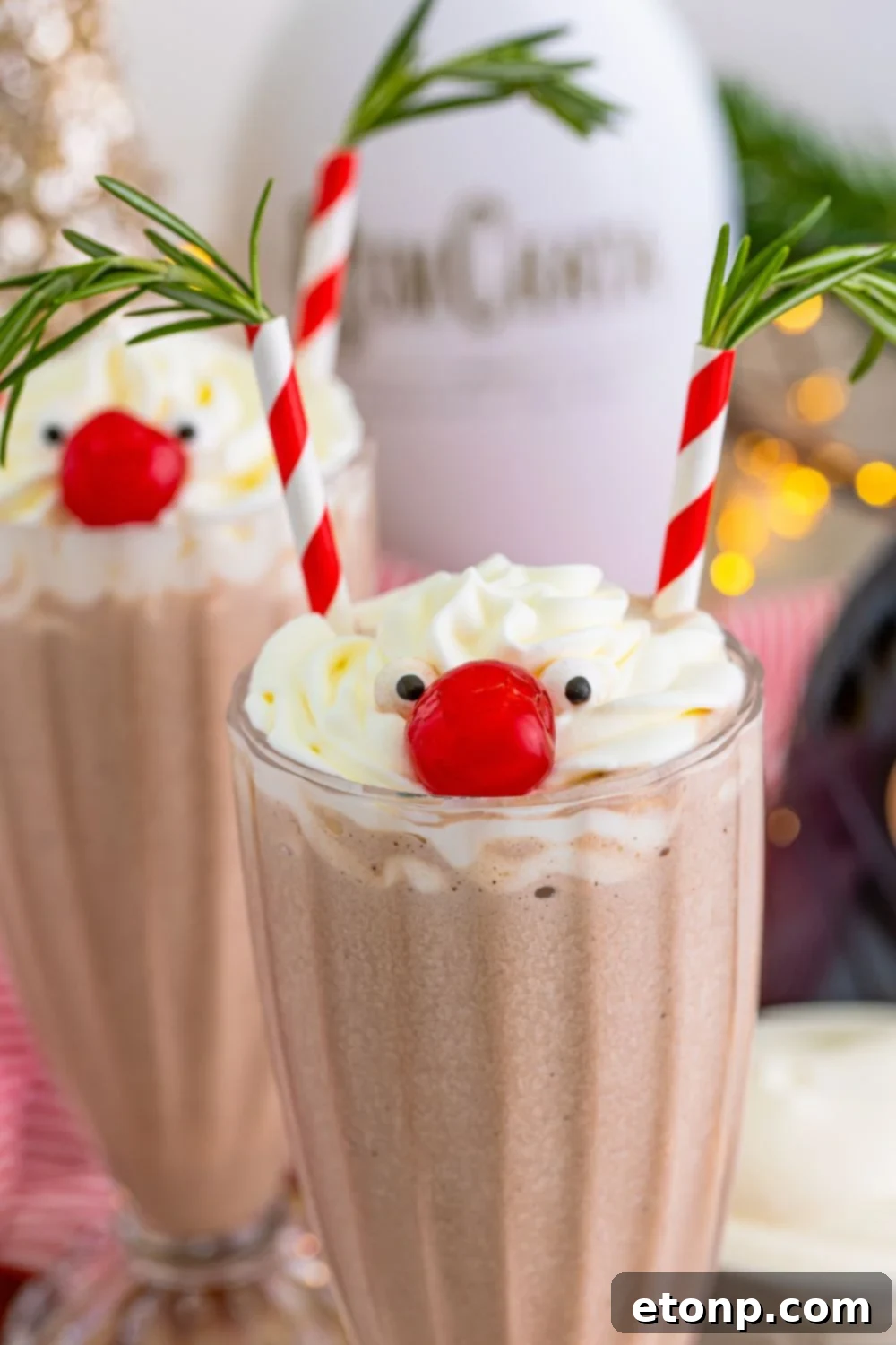 milkshake with alcohol decorated like rudolph