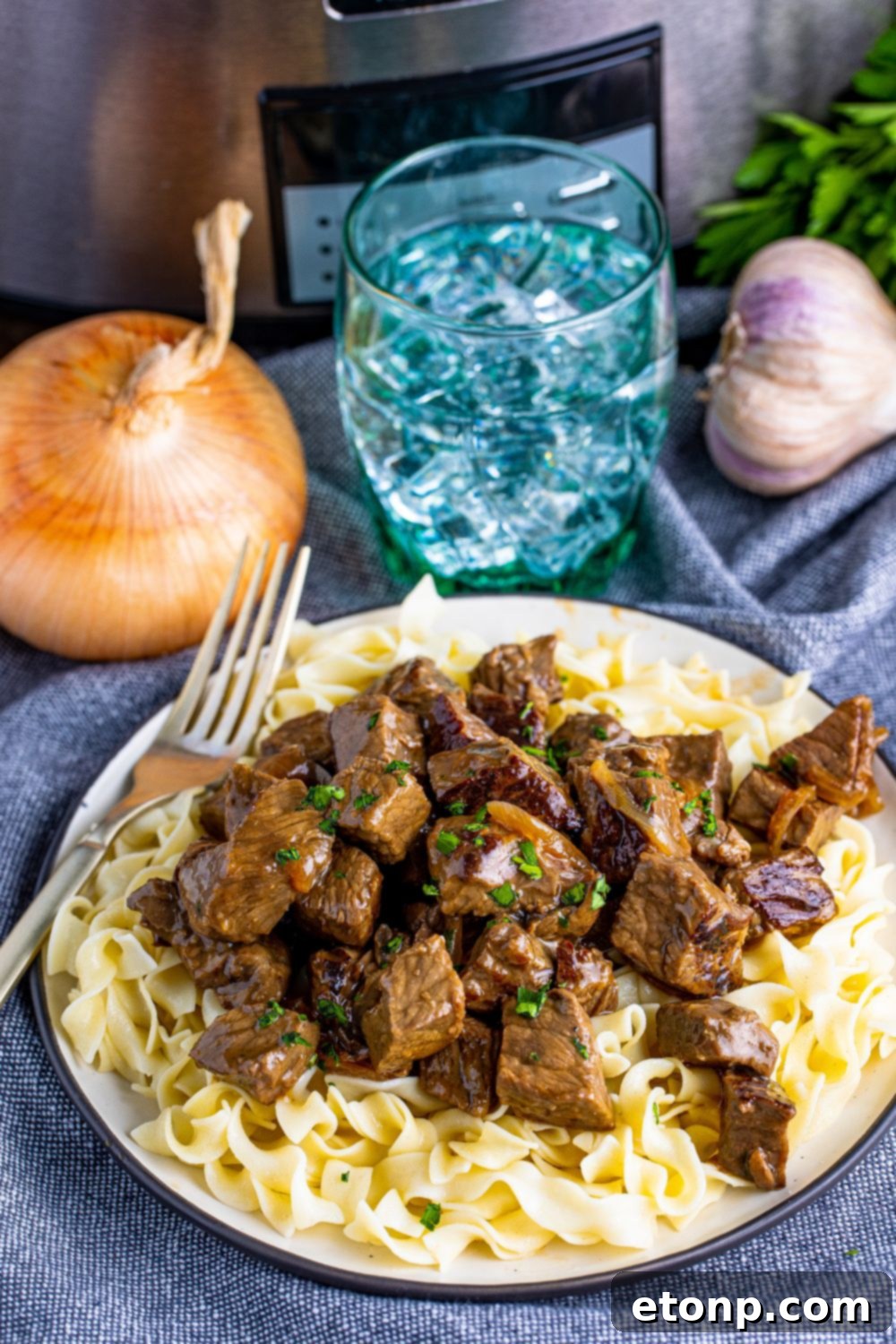 plate with fork on side showing plate of egg noodles with steak bites on top of noodles 