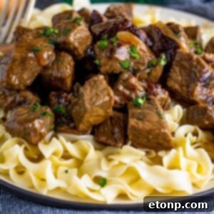 steak bites served over a bed of noodles on a plate