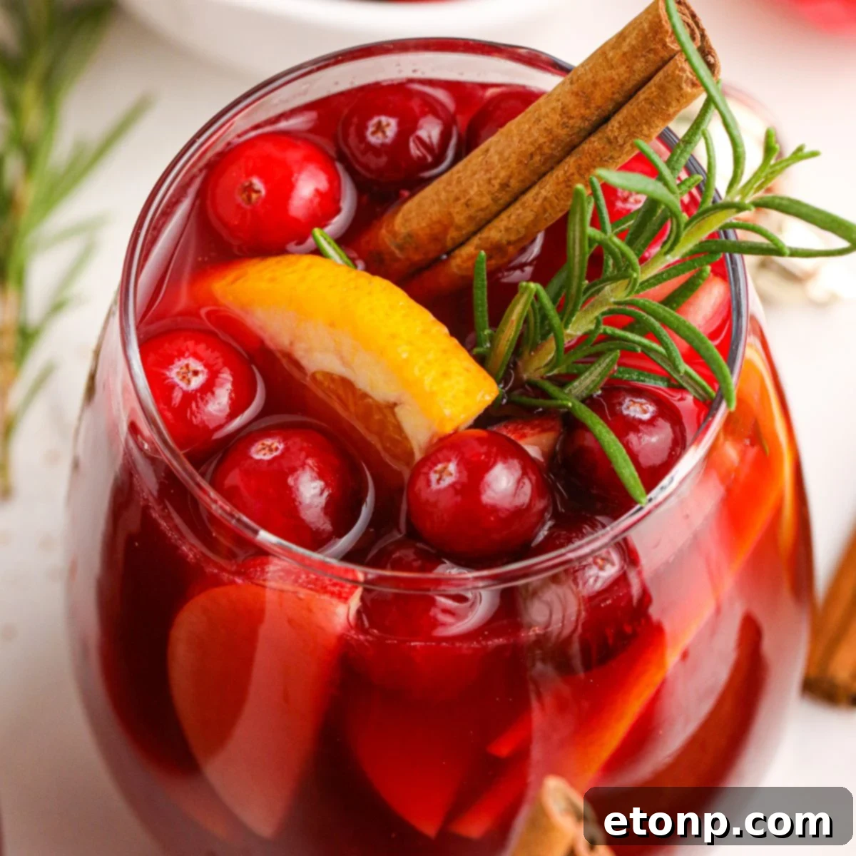 Cranberry Apple Christmas Sangria in a glass with garnishes 