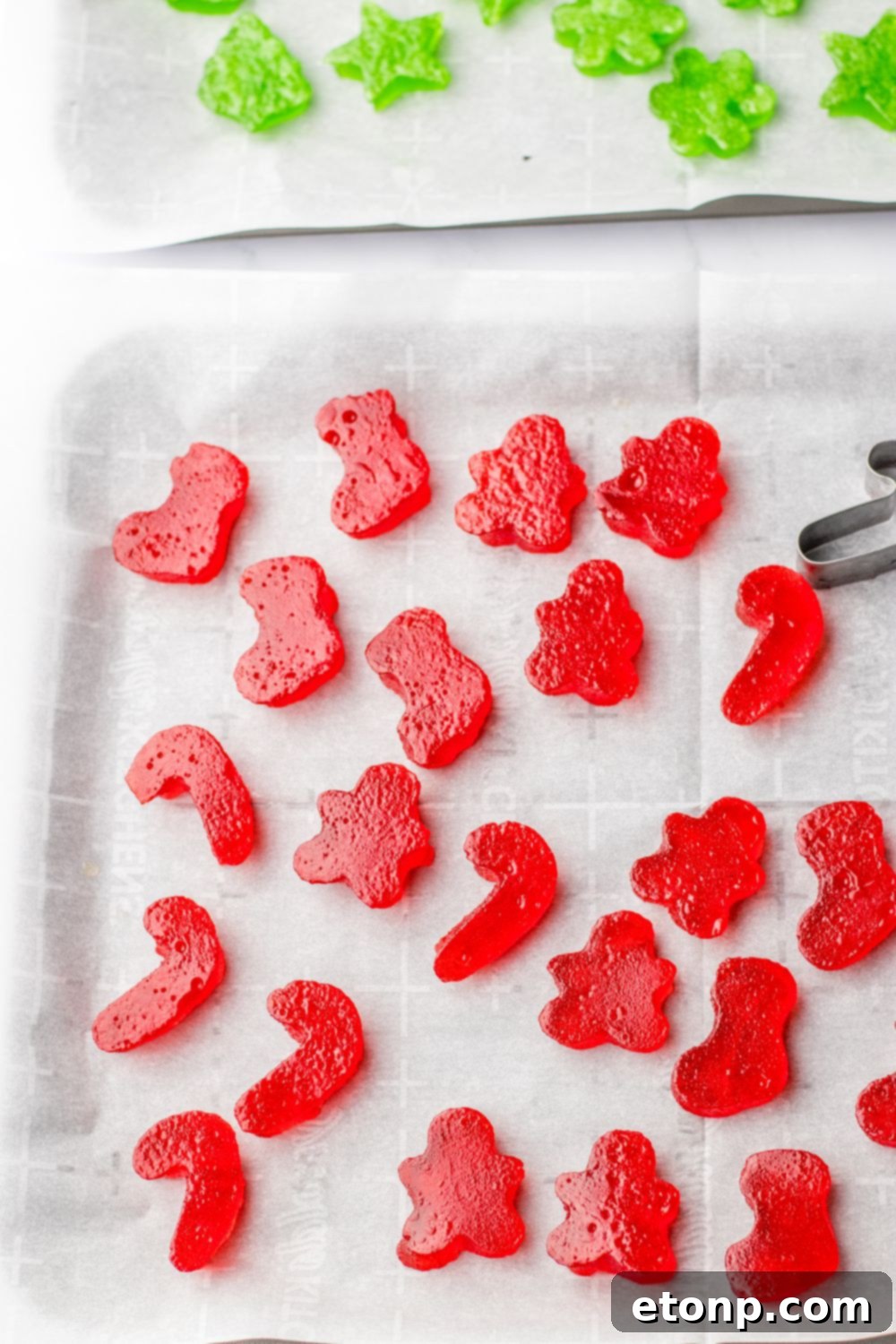 Holiday Gumdrop Gems 12 Homemade gummies cut into festive shapes using cookie cutters on a table