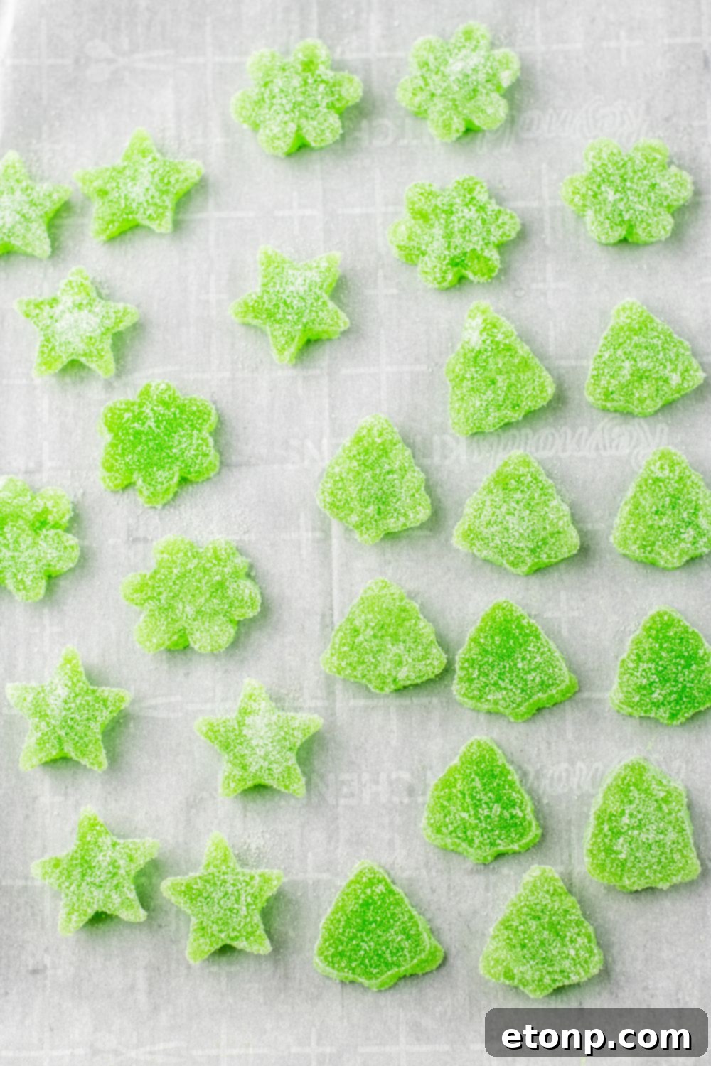 Holiday Gumdrop Gems 13 Freshly cut gummies rolled in granulated sugar on parchment paper