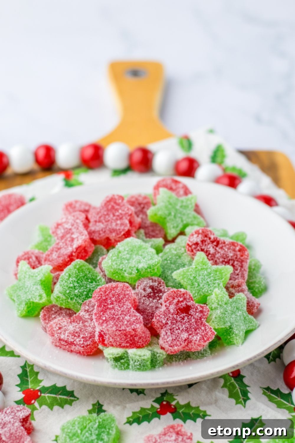 Holiday Gumdrop Gems 17 A display of homemade gumdrops artfully arranged on a plate on a table