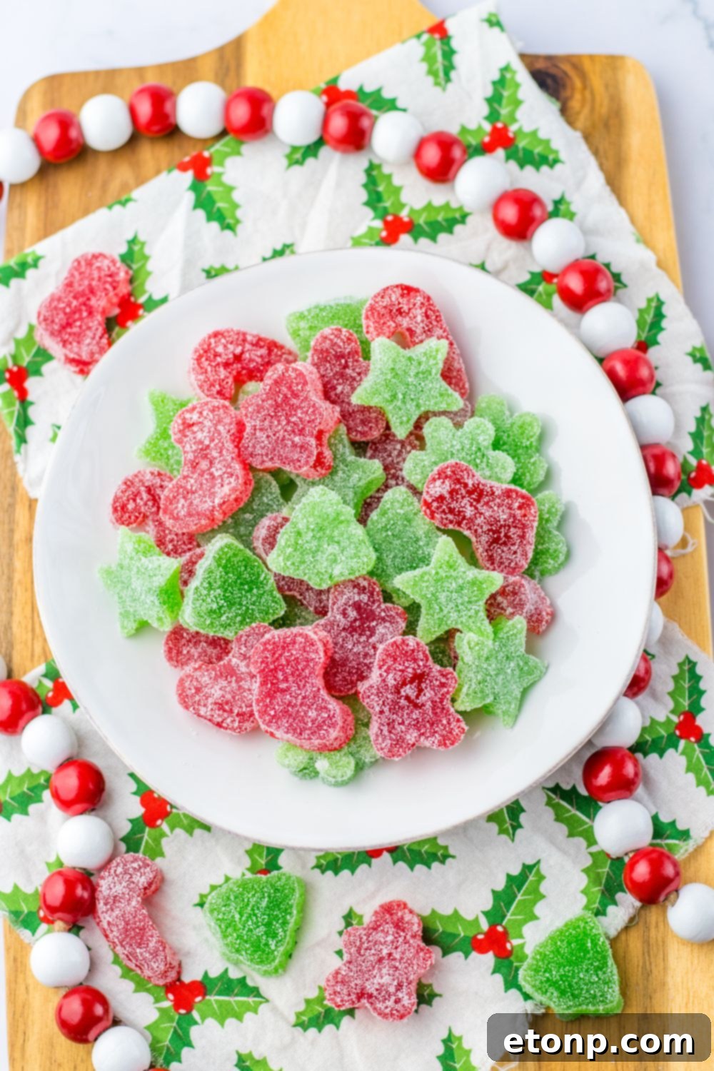 Holiday Gumdrop Gems 21 Christmas gumdrops displayed on a table with festive decorations around them