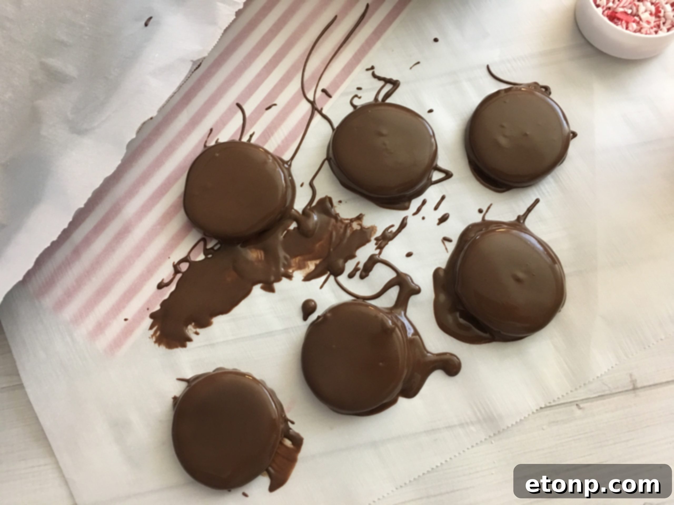 A close-up showing the detail of a peppermint patty, highlighting the texture of the crushed peppermint on top of the chocolate.