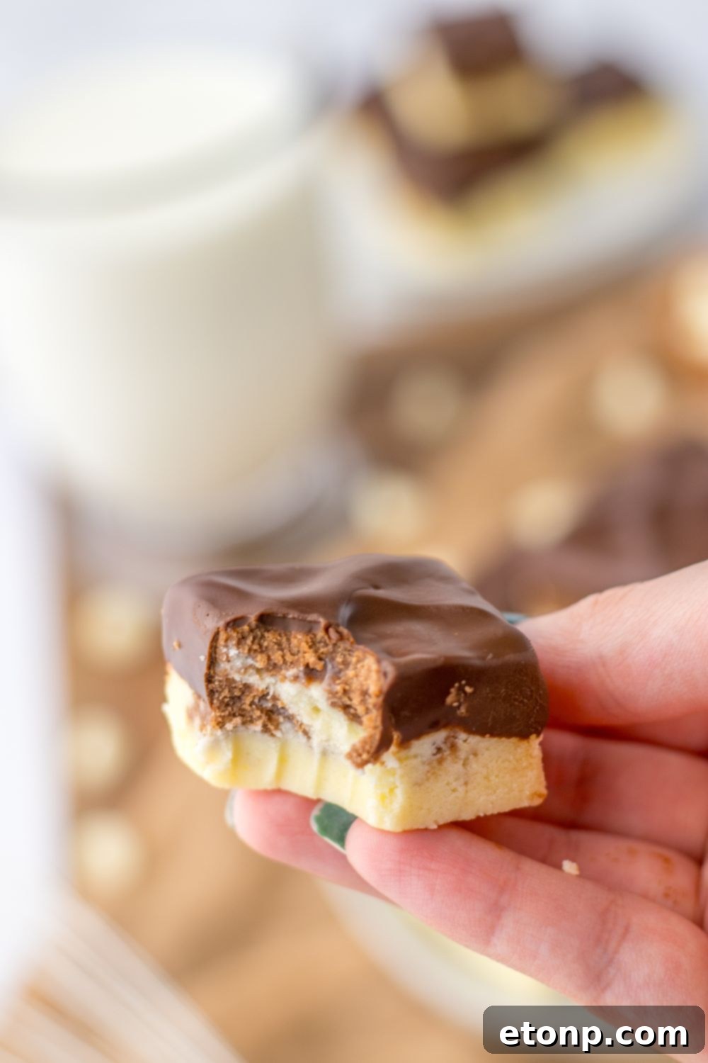 bite of fudge in hand