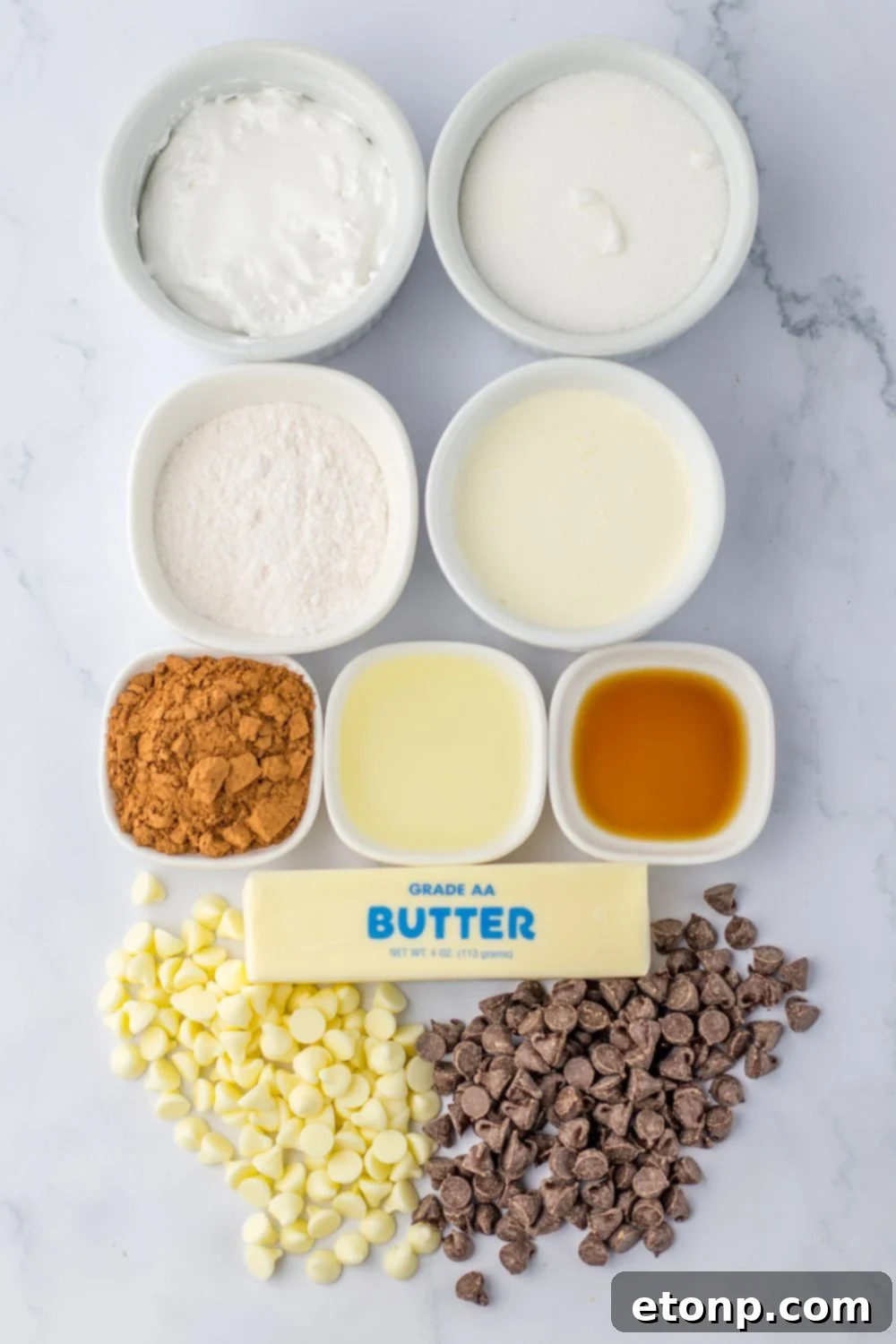 ingredients for a fudge on table in small bowls