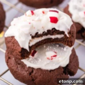 Molten Peppermint Patty Chocolate Cookies 17 Stuffed Peppermint Patty Cookies stacked on table with a bite taken out of top cookie