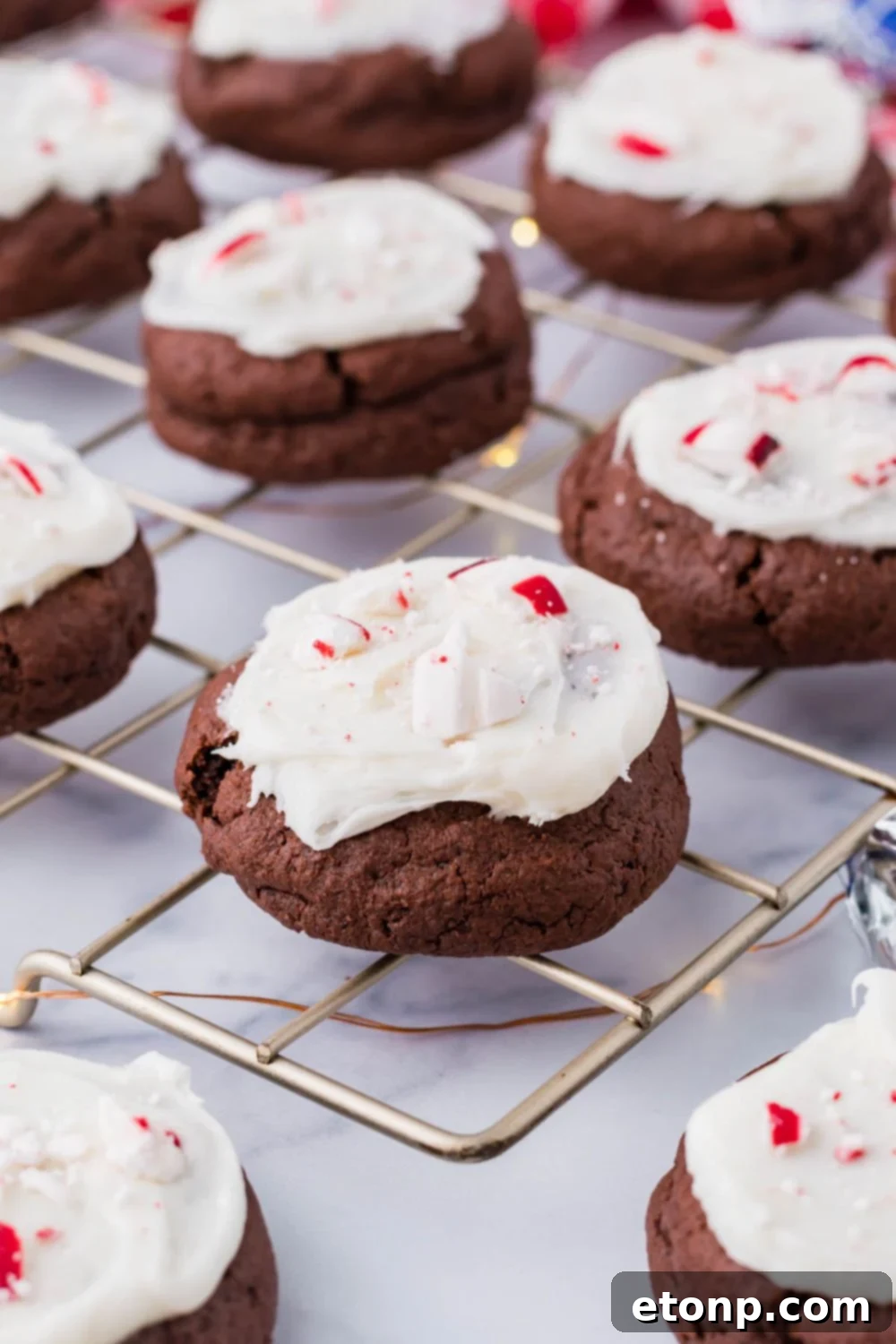Molten Peppermint Patty Chocolate Cookies 4 Freshly baked Stuffed Peppermint Patty Cookies cooling on a wire rack