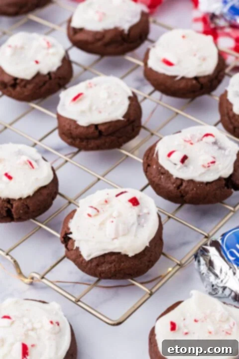 Molten Peppermint Patty Chocolate Cookies 7 Cream cheese-topped peppermint chocolate cookies cooling on a wire rack