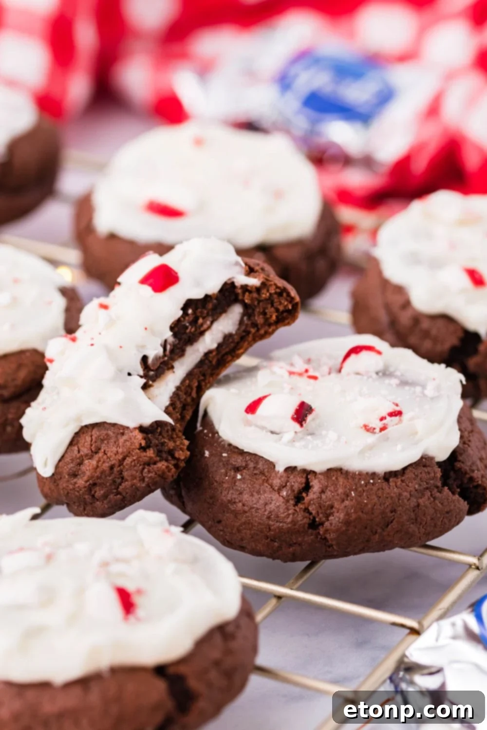 Molten Peppermint Patty Chocolate Cookies 10 Cookies on a cooling pan, with one tilted to show a bite taken out