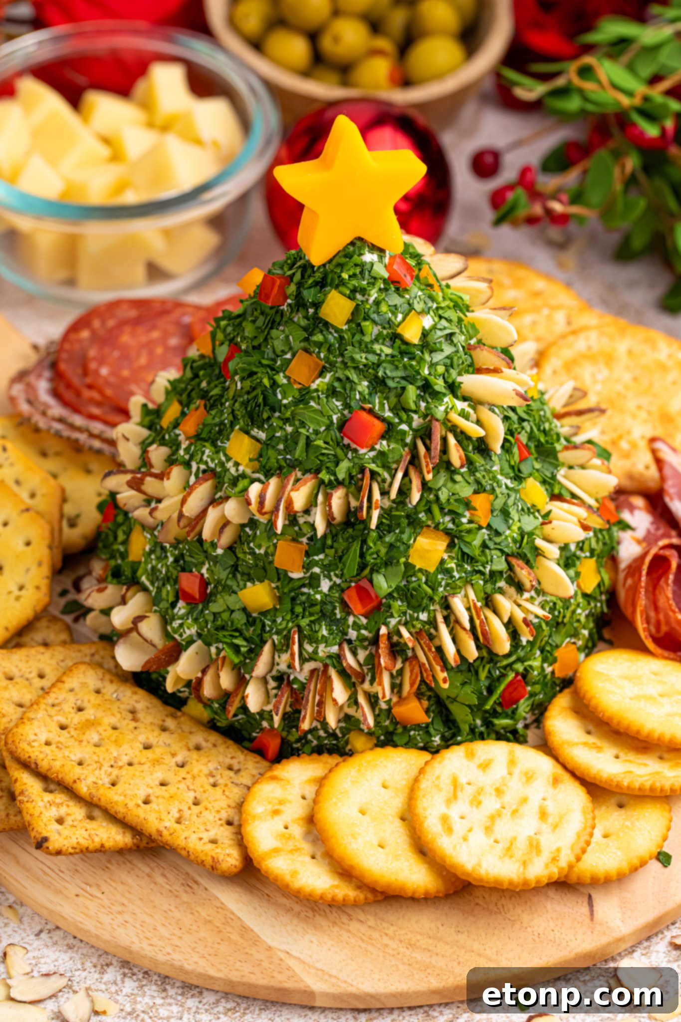 Christmas Tree Cheeseball on a platter, ready to serve