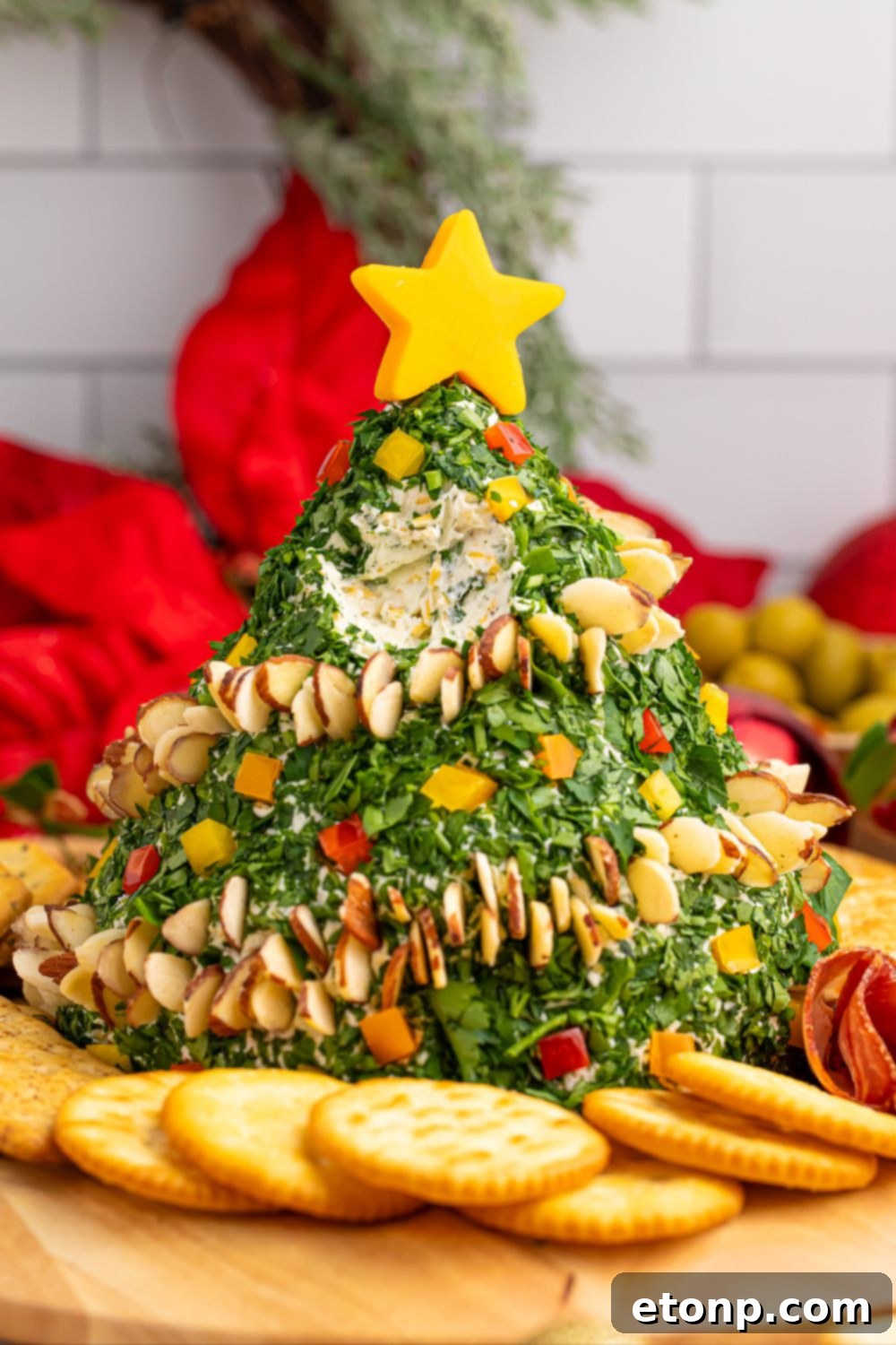 Cheeseball in the shape of a tree with a portion removed