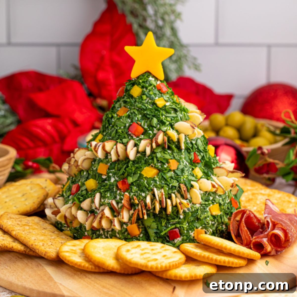 Close-up of a festive Christmas Tree Cheeseball on a platter