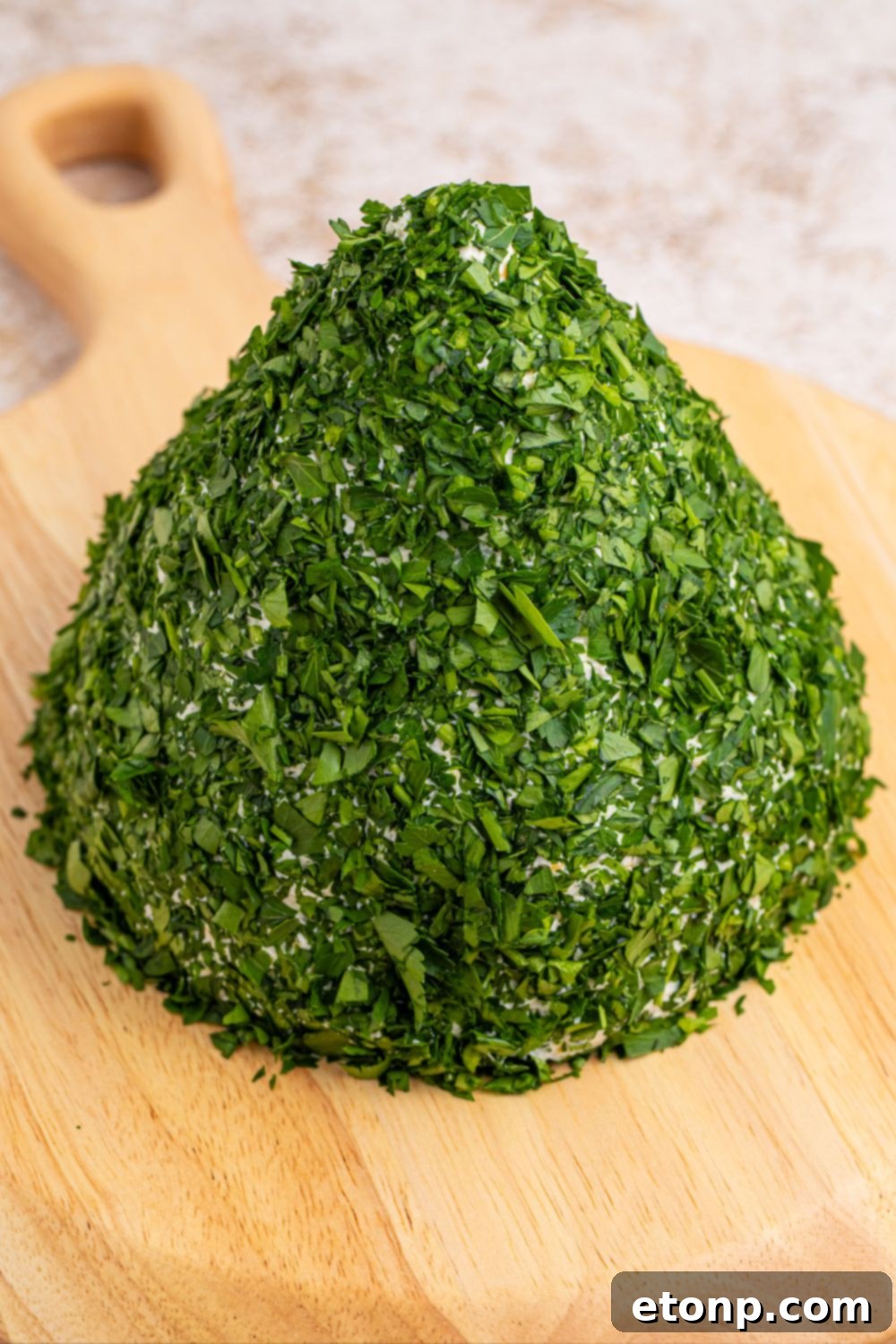 Cheeseball coated in fresh parsley for a Christmas tree effect