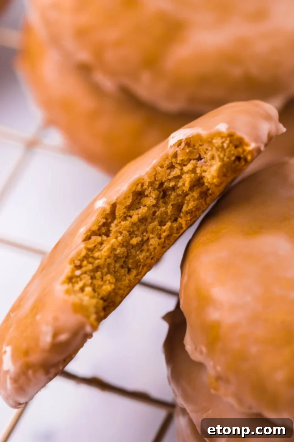 Close-up of Lebkuchen cookies with a bite taken out, showing the intricate spice blend