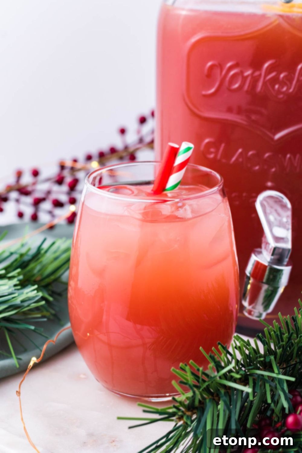 Holiday Punch in a pitcher and a glass on table 