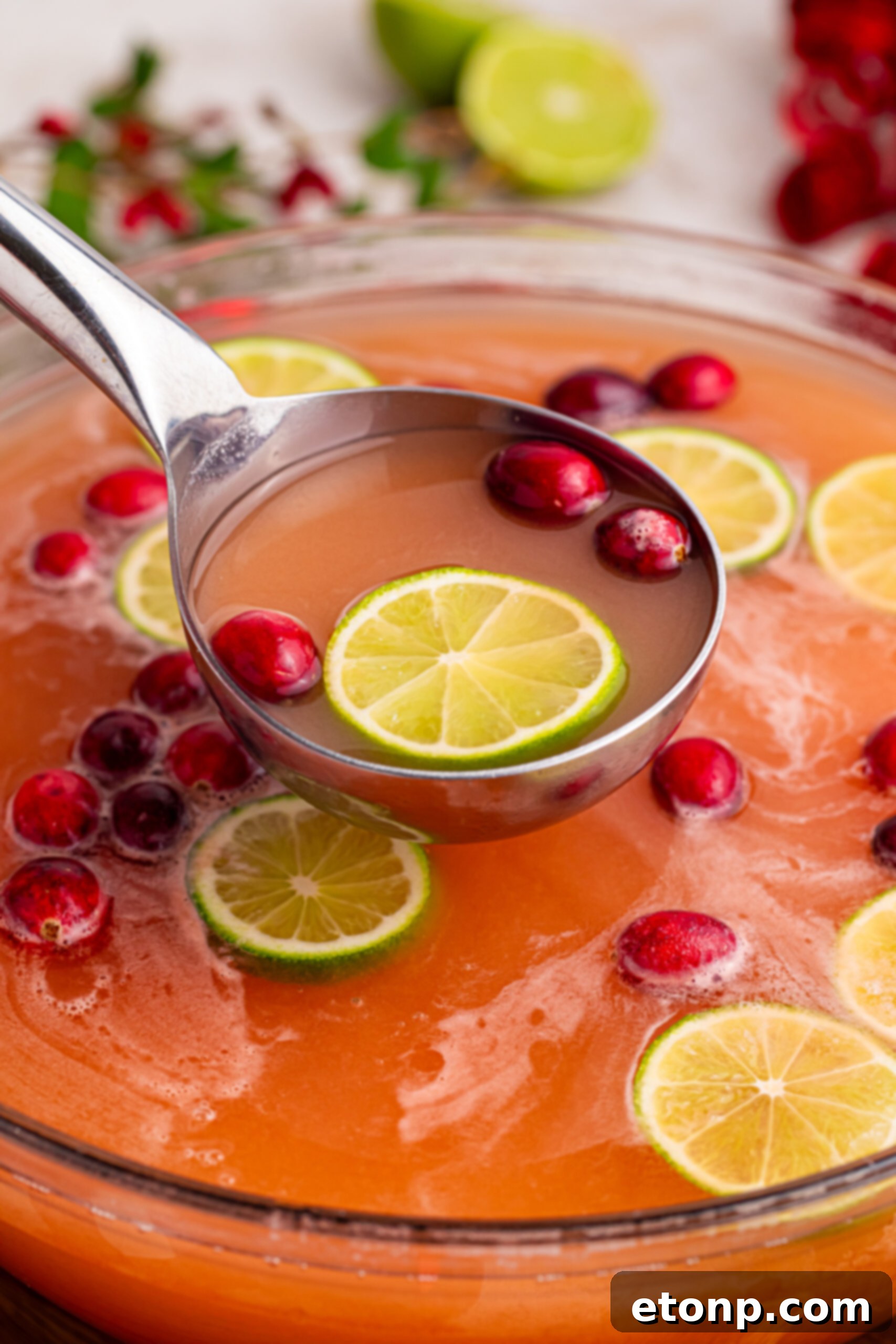 Close-up view of a vibrant Santa's Giggle Juice Punch in a large glass bowl, featuring floating lime slices and fresh cranberries, emphasizing its refreshing and festive appearance.