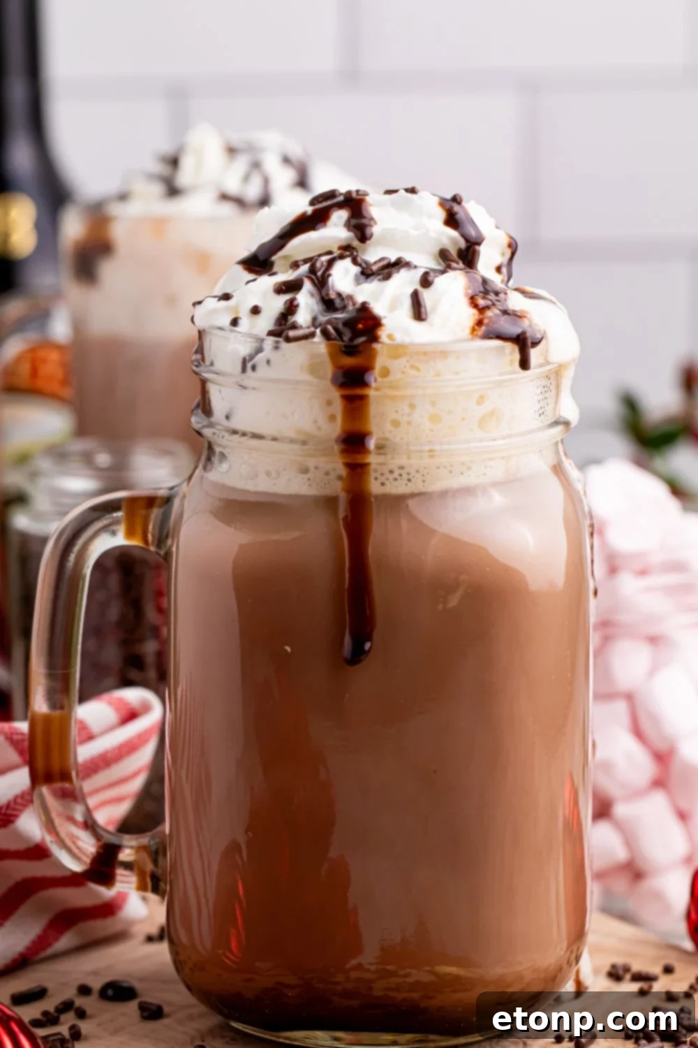 Naughty Snowman's Brew 5 side view of a chocolate alcoholic drink in a mug on table