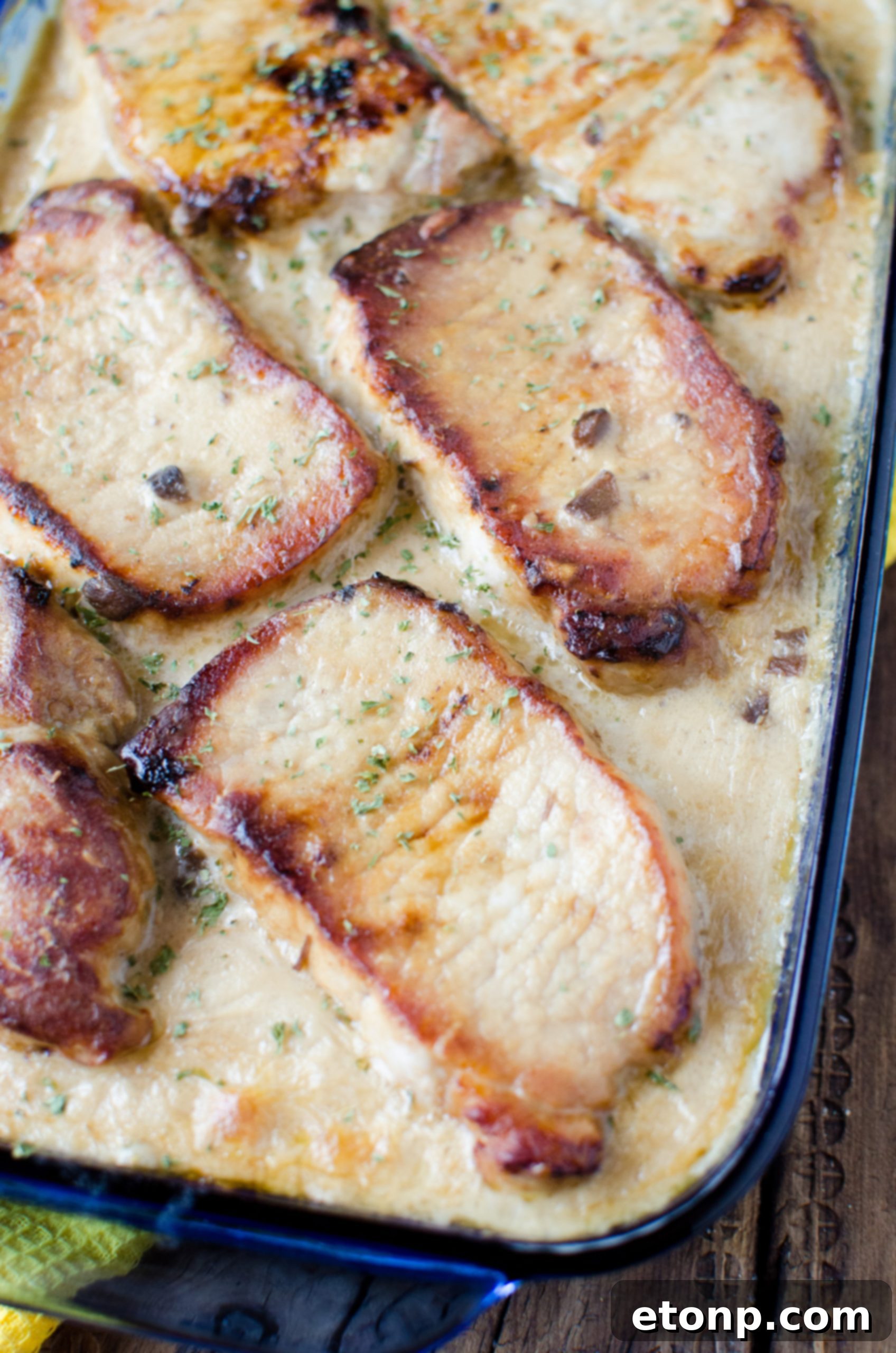 Smothered Pork Chops and Scalloped Potatoes Casserole 10 A close-up of a serving of the casserole, showcasing the tender pork chop, creamy potatoes, and rich sauce.